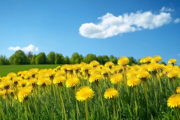 Wall Mural - Field with yellow dandelions and blue sky