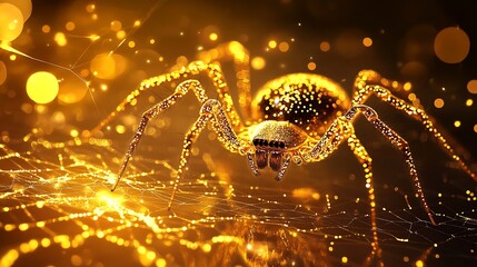 Wall Mural - Black backdrop enhancing the shine of a golden spider and its intricate web