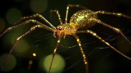 Wall Mural - Black backdrop enhancing the shine of a golden spider and its intricate web