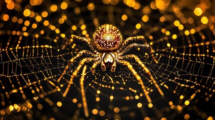 Wall Mural - Black backdrop enhancing the shine of a golden spider and its intricate web