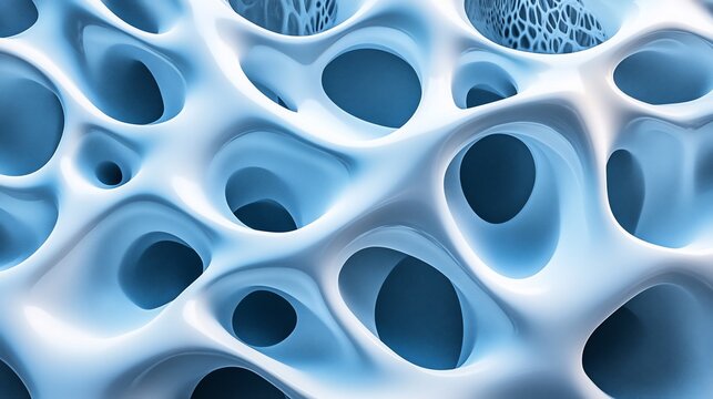 Abstract blue and white 3D organic structure with holes and cavities.