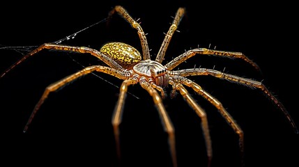 Wall Mural - Golden spider delicately crafting a web in focus against a black dramatic setting