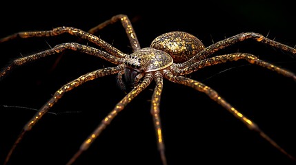 Wall Mural - Golden spider delicately crafting a web in focus against a black dramatic setting