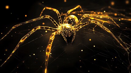 Wall Mural - Highlighted golden spider spinning a web in detailed clarity on black background