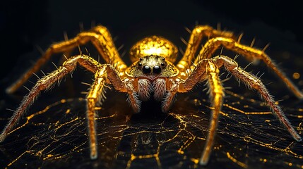 Wall Mural - Hairy golden spider creating a delicate web captured against a black background