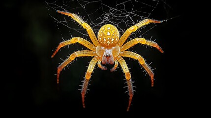 Wall Mural - Hairy golden spider creating a delicate web captured against a black background