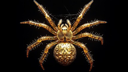 Wall Mural - Elegant golden spider and its web glowing against a contrasting black backdrop