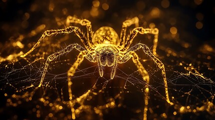 Wall Mural - Elegant golden spider and its web glowing against a contrasting black backdrop
