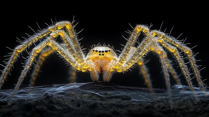 Wall Mural - Long hairy legs of a golden spider crafting a web intricately in a dark setting