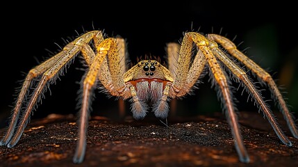Wall Mural - Long hairy legs of a golden spider crafting a web intricately in a dark setting