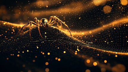 Wall Mural - Black background with a focused golden spider weaving a delicate shiny web