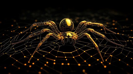 Wall Mural - Black background with a focused golden spider weaving a delicate shiny web