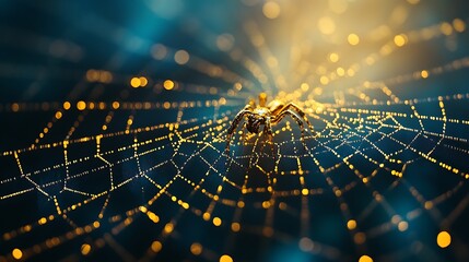 Wall Mural - Golden spider building an intricate web enhanced by a dark atmospheric background