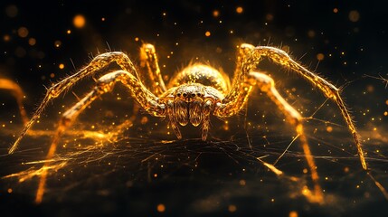 Wall Mural - Glowing golden spider with hairy legs spinning a web on a black canvas