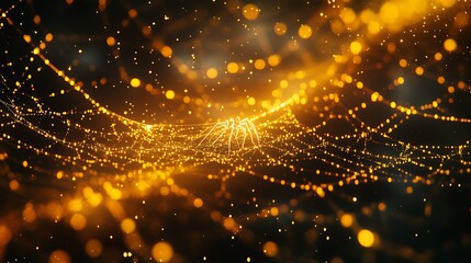 Wall Mural - Golden spider building an intricate web enhanced by a dark atmospheric background