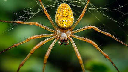 Wall Mural - Stunning golden spider weaving a web of precision against a dark dramatic backdrop