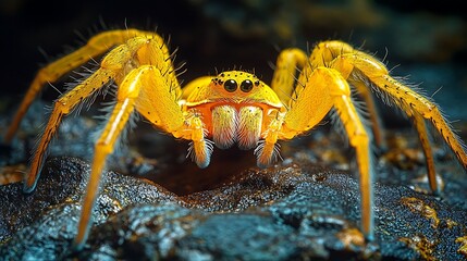 Wall Mural - Stunning golden spider weaving a web of precision against a dark dramatic backdrop