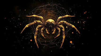 Wall Mural - Dark minimal background emphasizing a golden spider spinning an intricate web