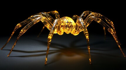 Wall Mural - Golden spider illuminated against a black background crafting a precise web