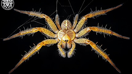 Wall Mural - Golden spider illuminated against a black background crafting a precise web