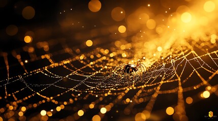 Wall Mural - Detailed shimmering web crafted by a golden spider on a black backdrop