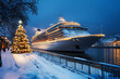 © ink drop - A seasonal christmas cruise. A festive christmas tree in front of a large cruise liner