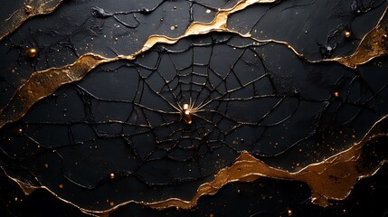 Wall Mural - Black backdrop showcasing the artistry of a golden spider weaving an intricate web