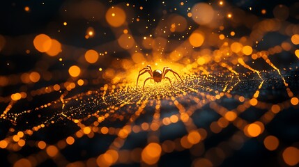 Wall Mural - Detailed shimmering web crafted by a golden spider on a black backdrop