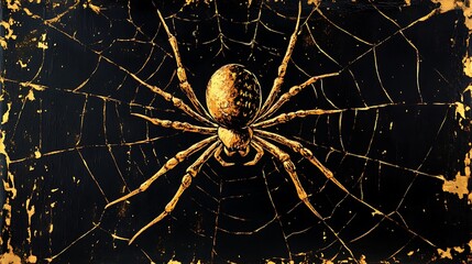 Wall Mural - Black backdrop showcasing the artistry of a golden spider weaving an intricate web