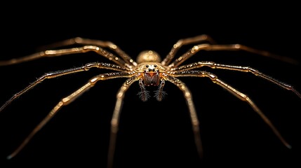 Wall Mural - Minimal black background emphasizing a golden spider's delicate web creation