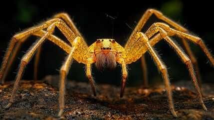Wall Mural - Long hairy legs of a golden spider building a web in a dark background scene