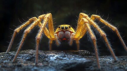 Wall Mural - Long hairy legs of a golden spider building a web in a dark background scene