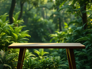 wooden clean bright table with green natural background, minimalism, fresh air