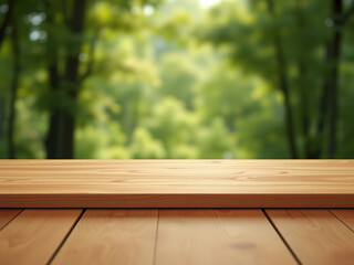 wooden clean bright table with green natural background, wooden furniture, minimalism, green environ