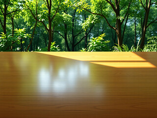 wooden clean bright table with green natural background, fresh air, uncluttered, wooden furniture, s