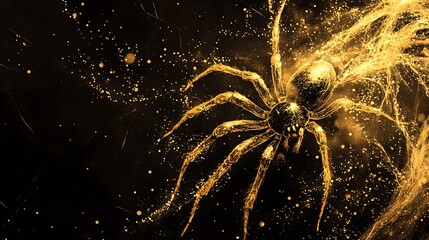 Wall Mural - Black background featuring a golden spider building its web with intricate precision