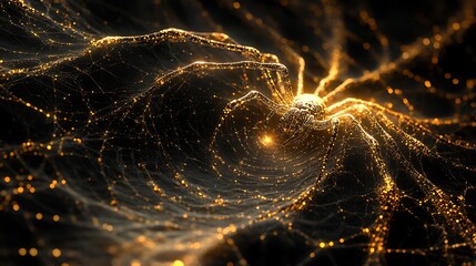 Wall Mural - Black background featuring a golden spider building its web with intricate precision