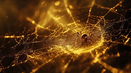 Wall Mural - Intricately spun web by a golden spider enhanced by a jet black background