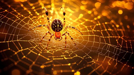 Wall Mural - Glowing golden spider weaving an intricate web set against a dark moody backdrop