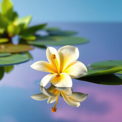 Yellow and white frangipani flower plumeria floating in a peaceful pond, serenity, oriental, tranquility, zen