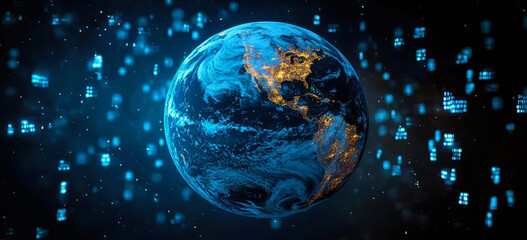 Poster - earth surrounded by digital data network in space representing global connectivity
