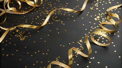 Poster - Festive Christmas template with streamer ribbon, gold foil ribbon, confetti and decor on black background.