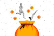 © deagreez - Composite photo collage of two happy business girl guy jump bag bitcoin income cryptocurrency blockchain isolated on painted background