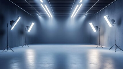 Canvas Print - A sleek and modern photo studio that showcases advanced lighting setups beautifully arranged against a minimalist backdrop. This space is ideal for various creative photo shoots and projects