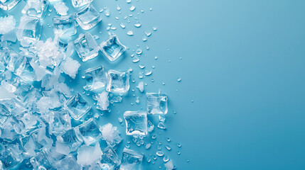 ice cubes and drops: overhead photo of a pile of ice cubes and drops isolated on a blue background w