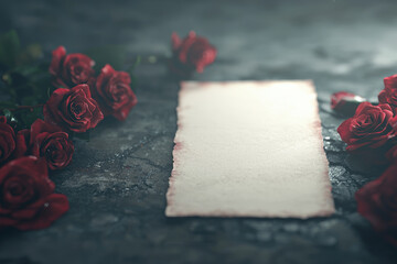 Poster - romantic scene featuring blank parchment surrounded by red roses, evoking feelings of love and nostalgia. Perfect for expressing heartfelt messages