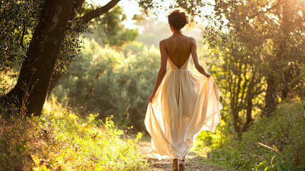 A fashion model walking along a forest path, wearing a dress made from organic silk, the soft fabric blending harmoniously with the sunlight filtering through the trees, elegance and sustainability