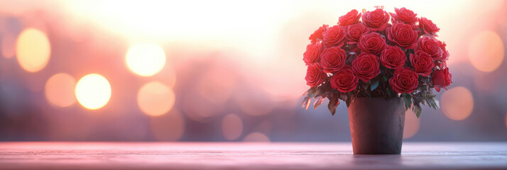 Canvas Print - beautiful bouquet of red roses in pot, glowing in sunset light, evokes love and warmth. Perfect for romantic occasions or heartfelt messages