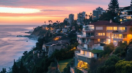 Wall Mural - Scenic coastal town at sunset with modern homes on cliffs, ocean waves, vibrant sky, palm trees, and serene atmosphere creating a picturesque landscape.