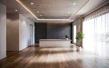 Modern clean interior featuring light wood flooring a smooth gray wall recessed lighting a potted plant and a window with soft sheer curtains.